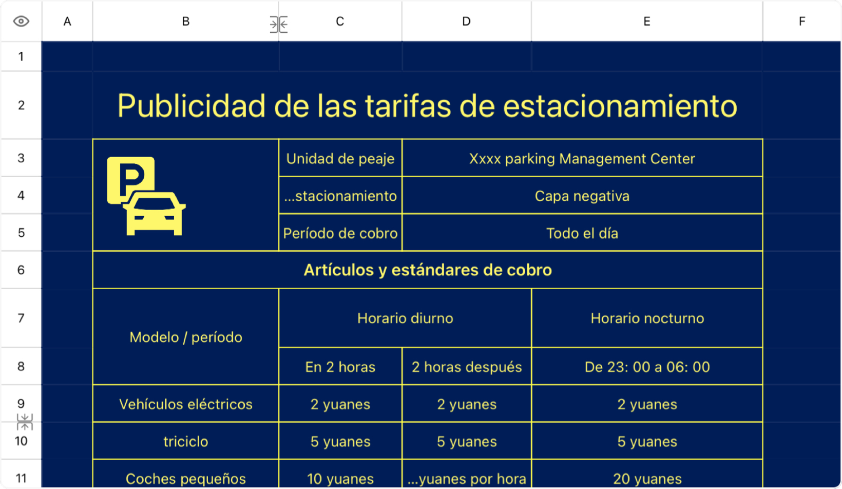 Publicidad de las tarifas de estacionamiento